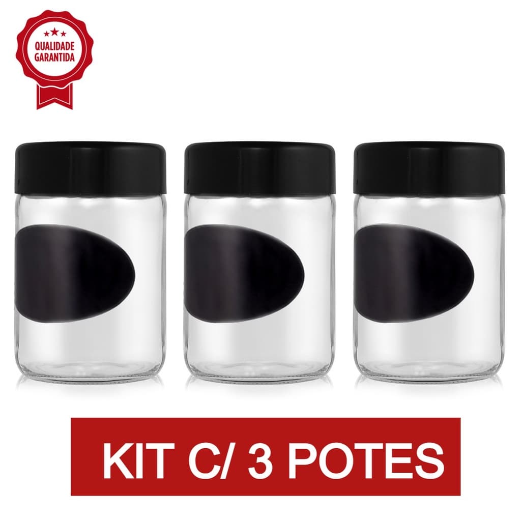 KIT 3 Potes de Vidro Porta Mantimento Porta Tempero Açucar Café Compota Temperos com Adesivo