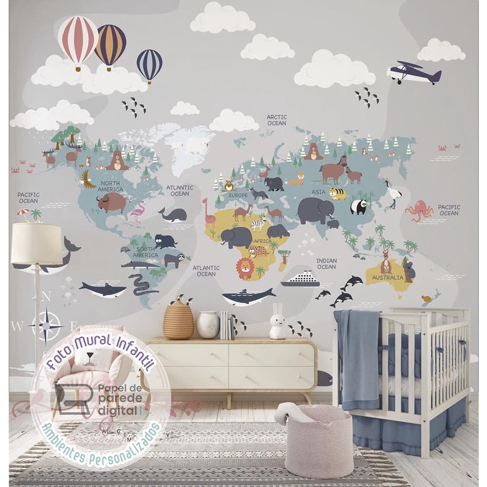Painel Adesivo Infantil Mapa Mundi Animais Nuvens E Balões M² Imagem Completa