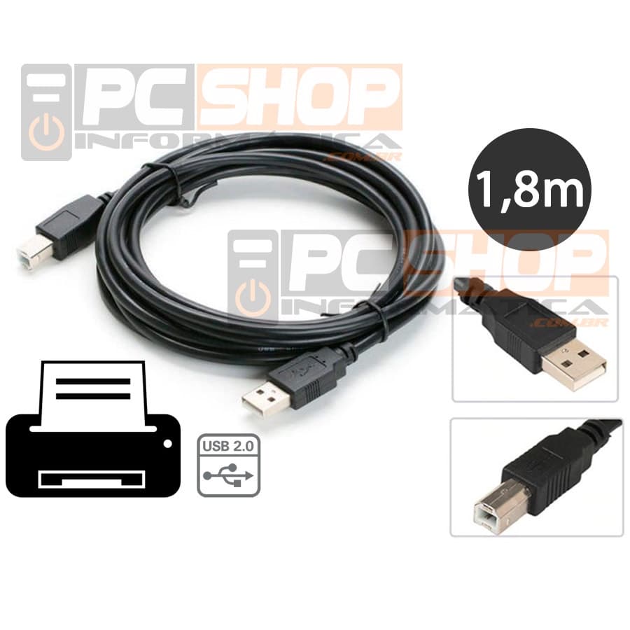 Cabo USB Para Impressora A Macho + B Macho com 1,80 Metros Preto