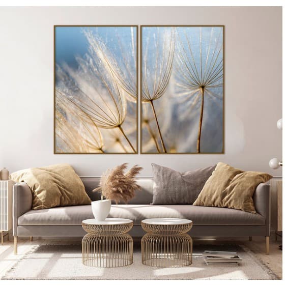 Quadro Decorativo Dente de Leão Dourado Lindo Flores 60x40 2 Peças