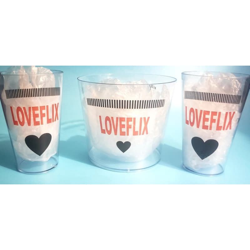 Kit Cinema Casal LoveFlix Netflix Copos Twister 500ml + Balde Pipoca Dia dos Namorados