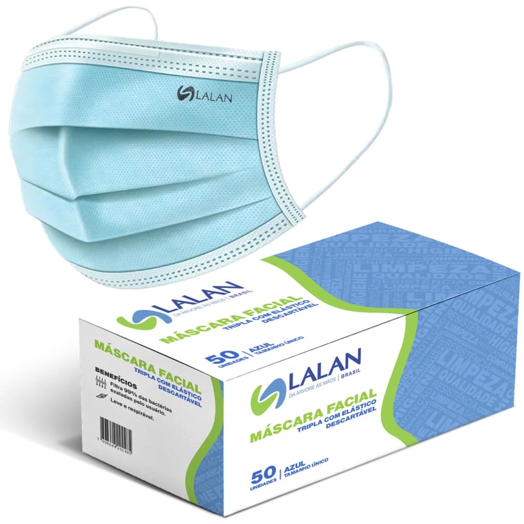 Máscara Descartável De Proteção Facial Tripla Cx C/ 50