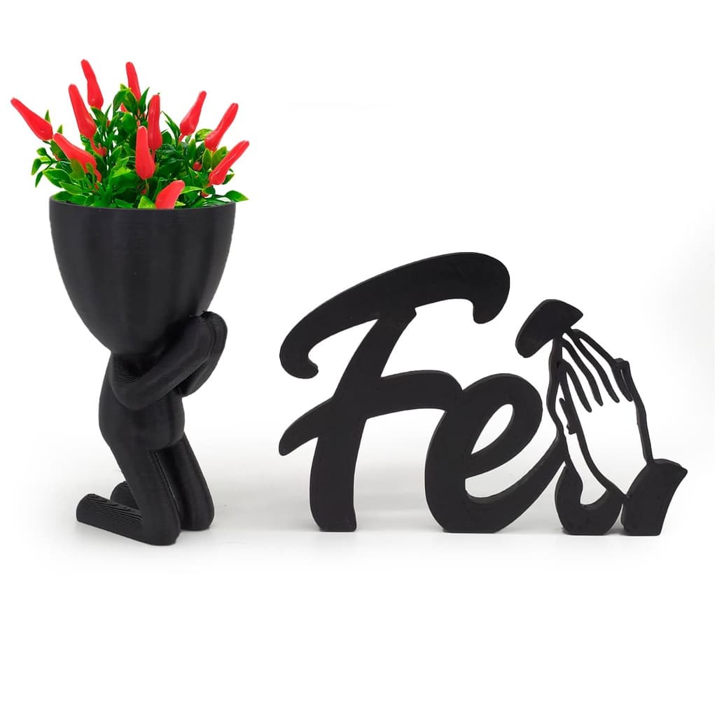 Kit Decoração Planta Artificial + Vasinho Orando + Fé 3d