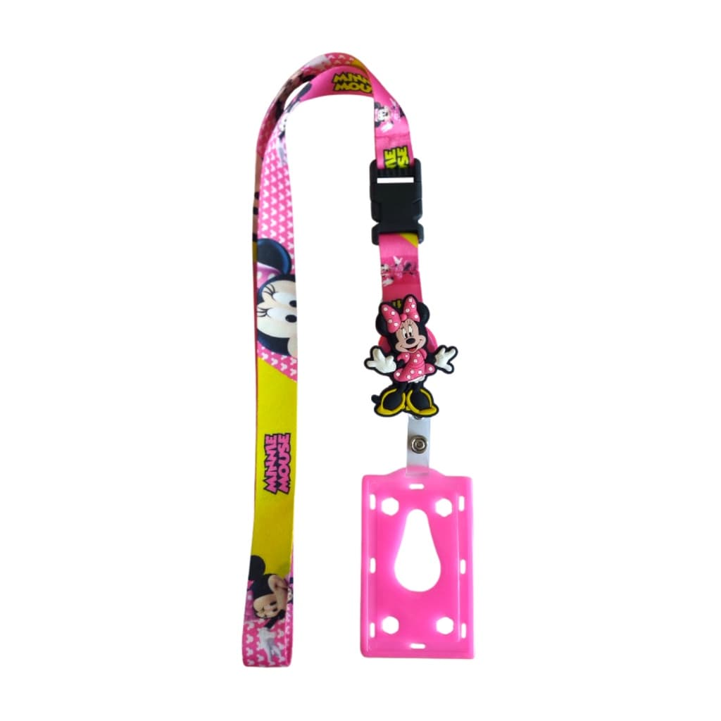Kit Cordão Minnie Mouse com Fecho Engate Rápido + Porta Crachá Retrátil Minnie + Porta Cartão Rosa