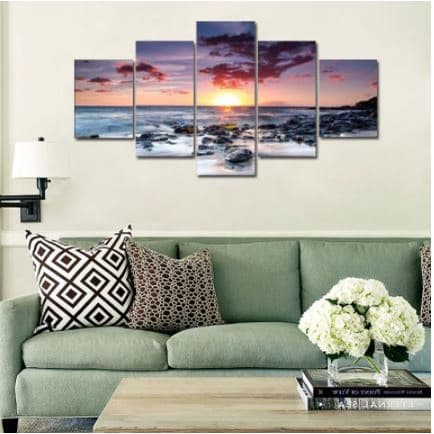 Quadro painel decorativo mosaico 5 peças por do sol na praia decoração