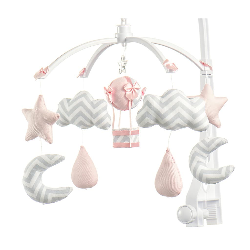 Móbile Berço Bebê Musical E Giratório Nuvens E Balão Rosa Envio Imediato