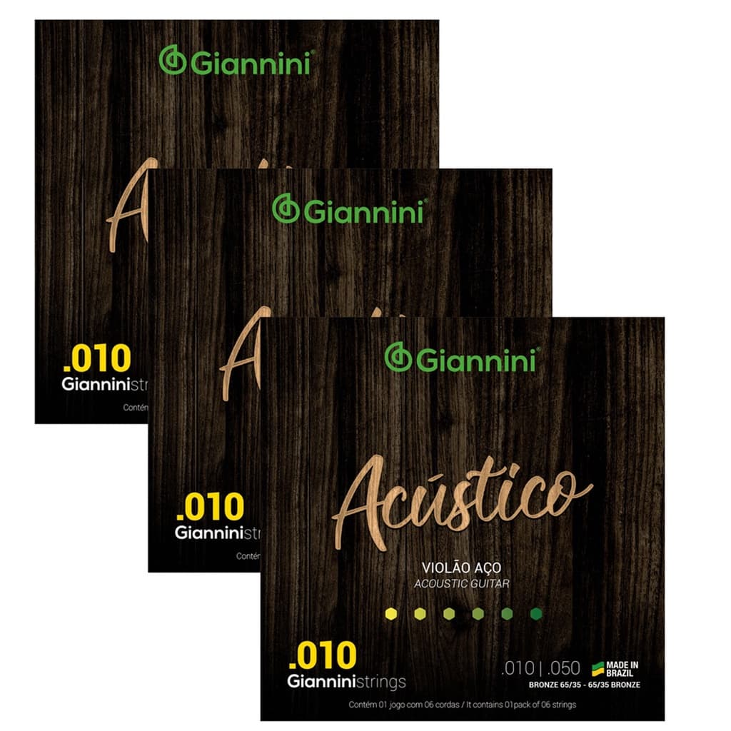Pacote Com 03 Cordas Para Violao Aco Giannini Acustico 010