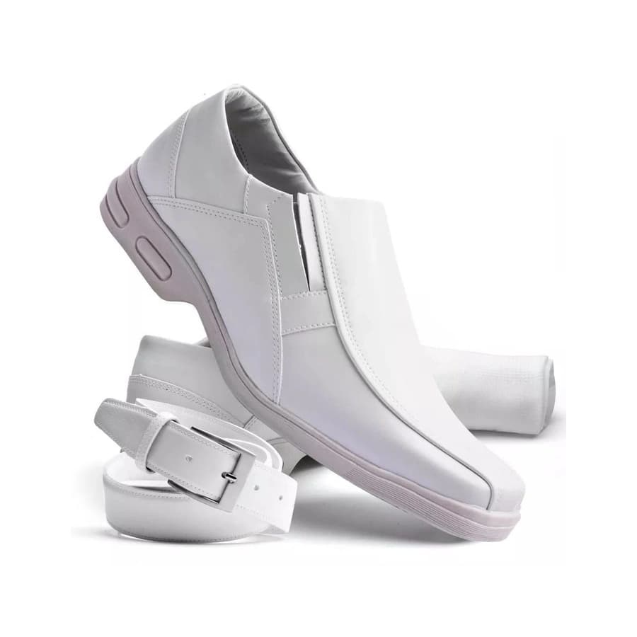 Kit Sapato Social Doctor Maker Branco Conforto, Enfermaria, Dia a Dia, Trabalho + Cinto + Meia
