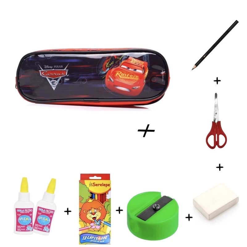 Kit completo Estojo escolar material escolar bolsinha  Carros 3 Vermelho