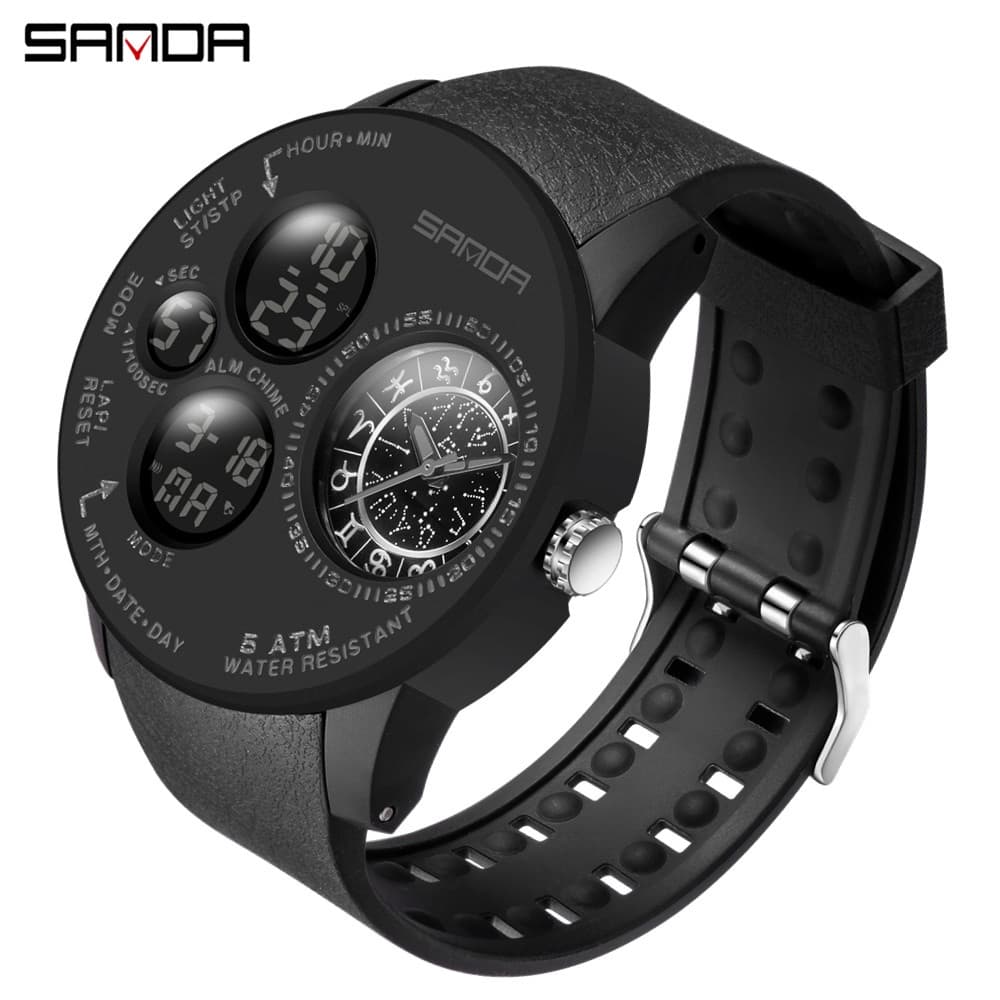 SANDA Top Marca De Luxo Moda Masculina Esportes Relógio De Quartzo À Prova D'água Homens Dual Display Militar