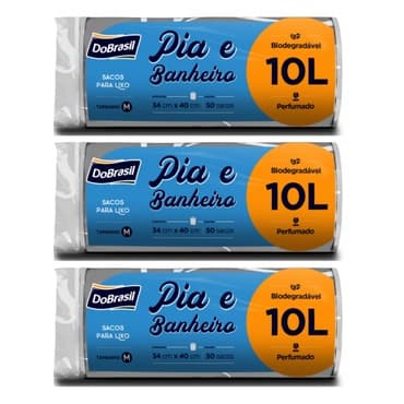 Kit 3 Pacotes de Saco para Lixo, Pia e Banheiro Branco  Antimicrobiana Rolo Perfumado Citronela 10L c/50 sacos DoBrasil.