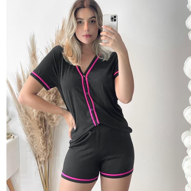 Pijama americano short doll sem gola botões blogueirinha verão gestante amamentação