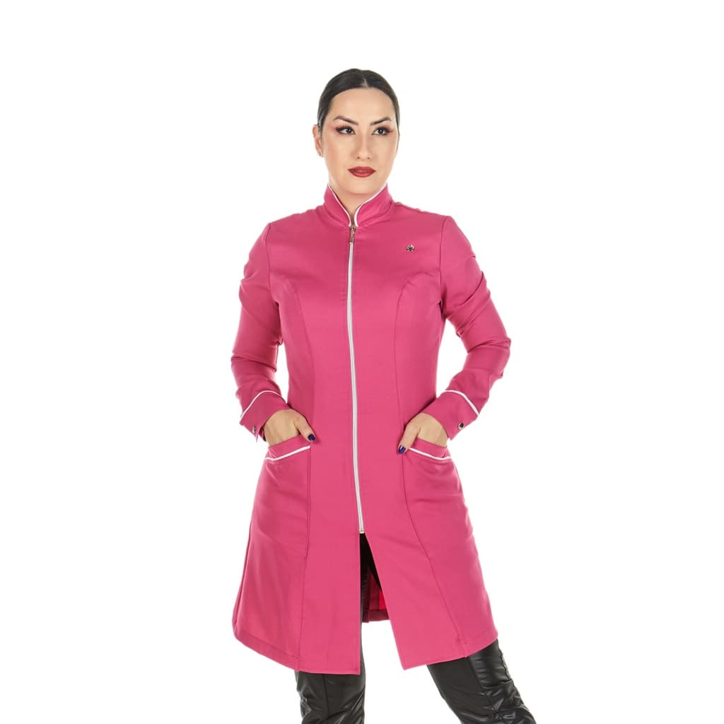 Jaleco Feminino Gola Padre Zíper Manga Longa Acinturado Pink Esteticista Salão de Beleza Profissional