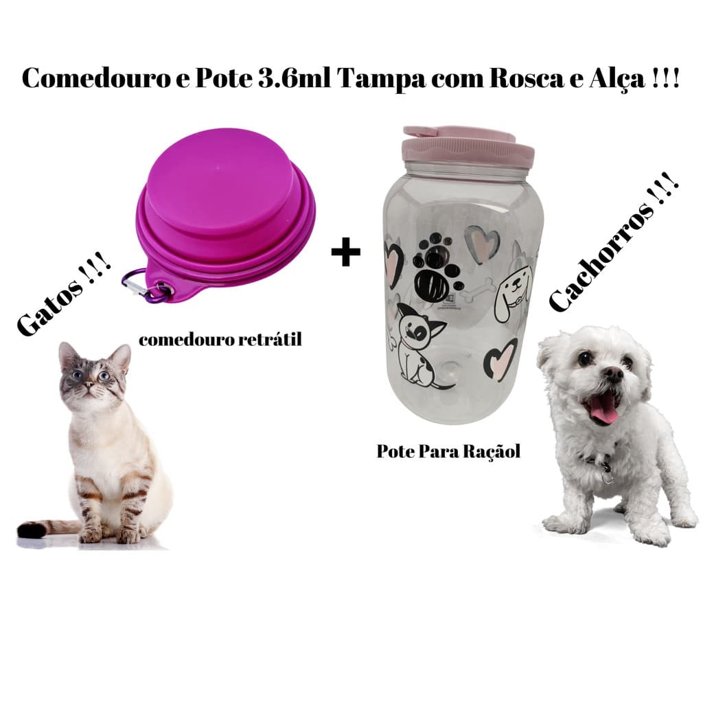 Kit Pote para Ração Rosa Grande + Comedouro Retrátil Lilás - Para Armazenar Ração do seu PET, Comedouro e Bebedouro