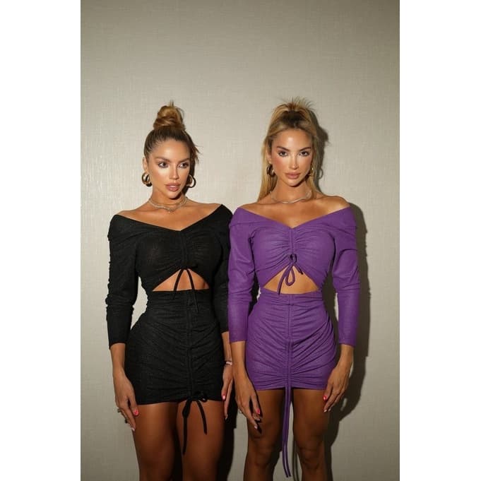 Vestido franzido com regulagem, vestido drapeado com brilho