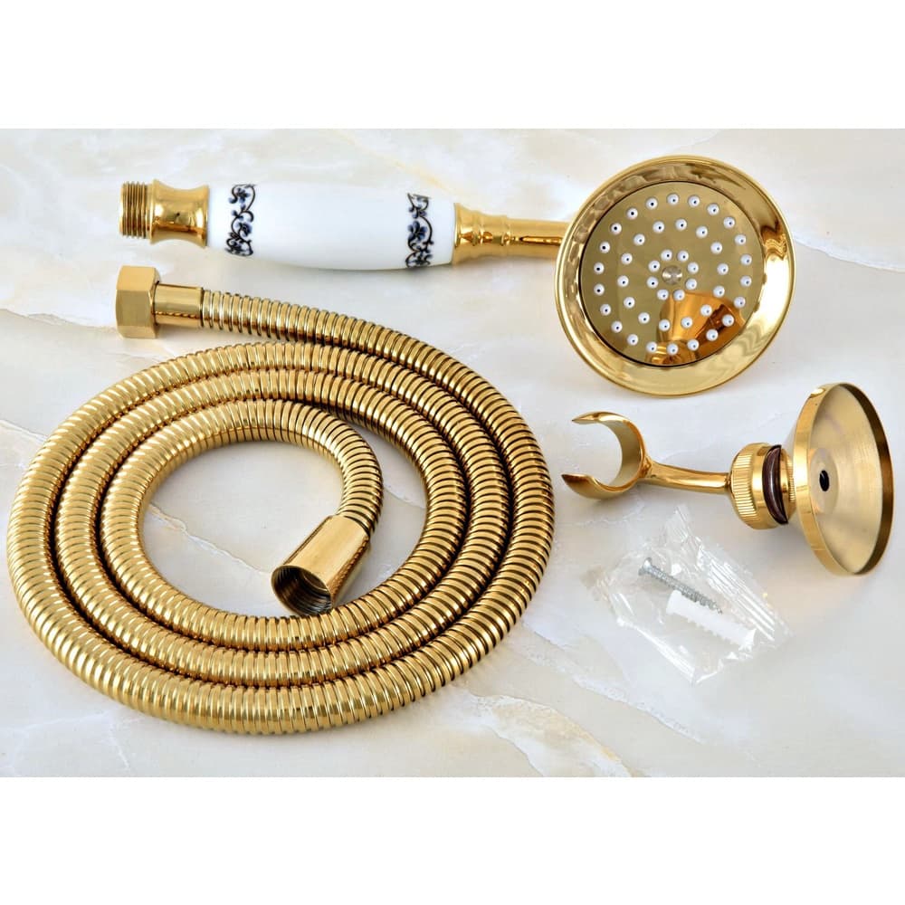 Luxo Cor De Ouro Latão Cerâmica Flor Padrão Cabeça Chuveiro Mão + 1.5m Mangueira + Suporte Parede zhh042