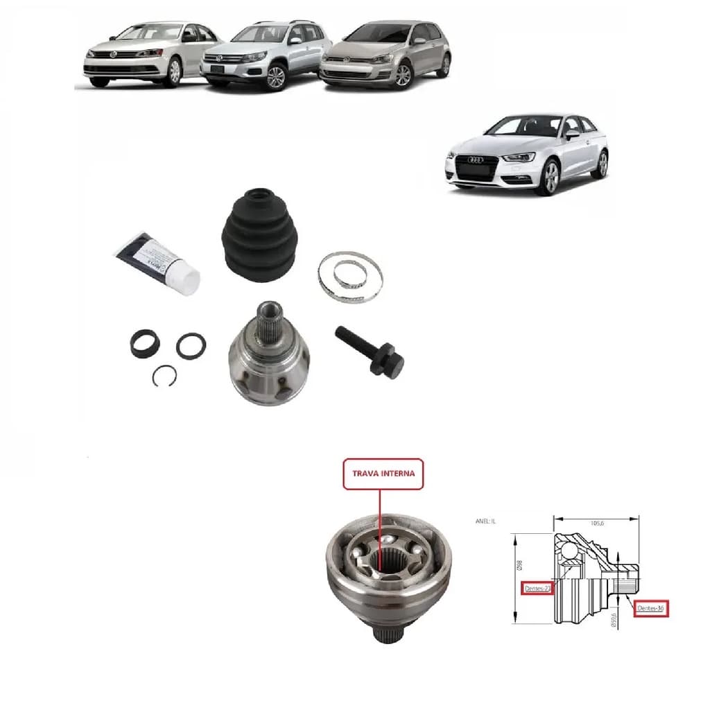 Junta Homocinética Dianteira Roda 27X36 Dentes Trava Interna Audi/Vw A3/Q3/BORA/JETTA/GOLF/PASSAT/TIGUAN/NEW BEETLE APÓS 2003 1KM498099/SKU691