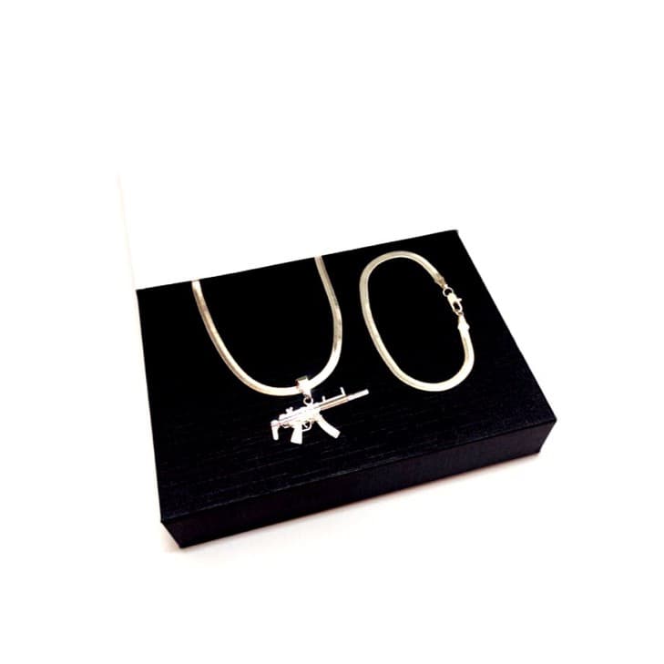 Kit Feminino Metralhadora MP5 Colar E Pulseira Laminada Banhado a Prata 925