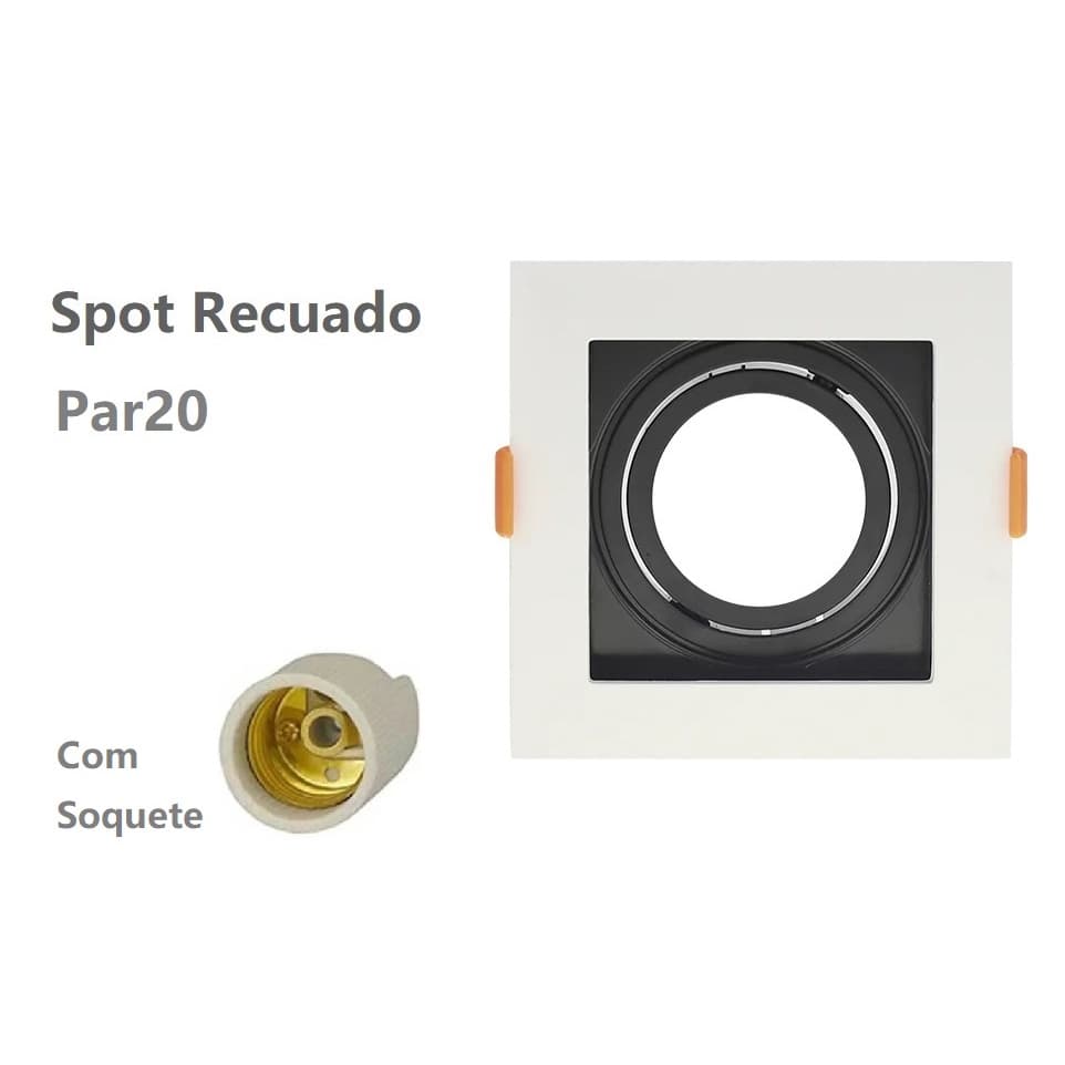 Spot Recuado Branco Com Preto Embutir Quadrado Com Base E27 Pra Dicroica Par20 Emenda Com Outro