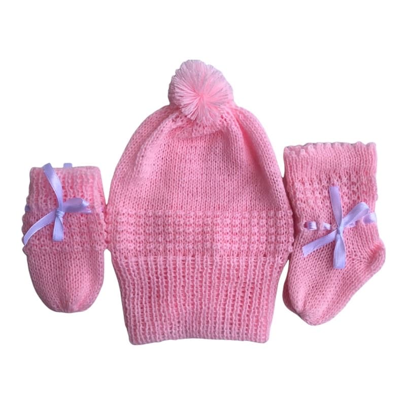 Kit de Bebê com Touca, Luva e Meia Rosa