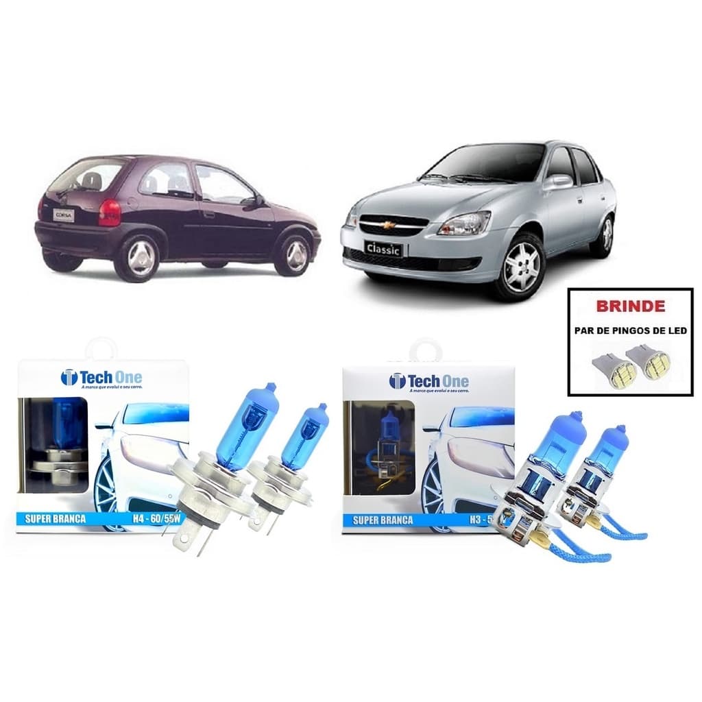 Kit 4 Lampadas Super Brancas para Farol Alto / Baixo e Milha Modelo H4 e H3 com 8500 Kelvins para Chevrolet Corsa Ano 1996 1997 1998 1999 2000 2001