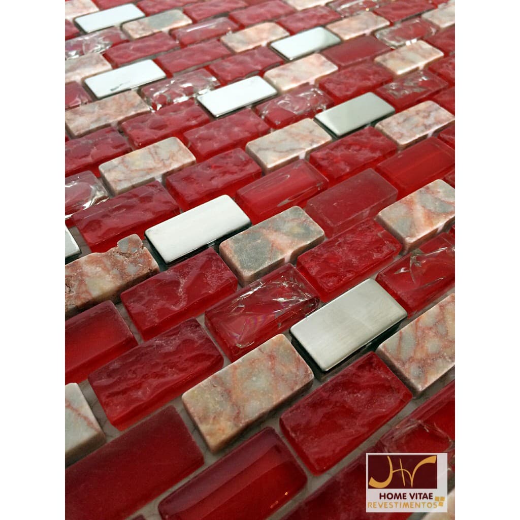 Pastilha De Vidro Vermelho Craquelado e Aço Inox