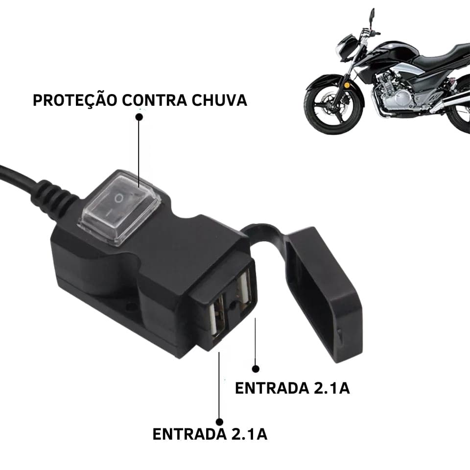 Tomada USB Carregador Turbo Para Moto E Carro 2 Entradas Gps Motoboy