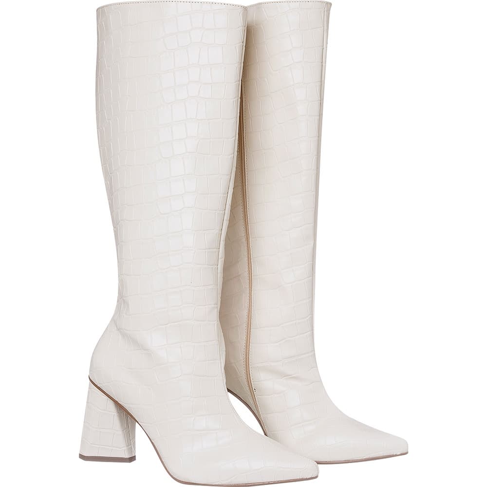 Bota Feminina Cano Longo Salto Grosso Estilosa Moda Blogueira Crocco Preto Bota Off white branca ou bota pink colorida