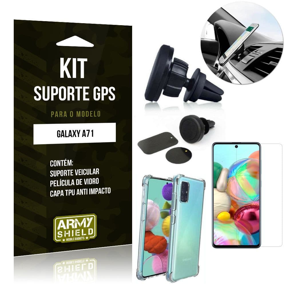 Kit Suporte Veicular Magnético Galaxy A71 Suporte +Capinha Anti Impacto +Película Vidro - Armyshield