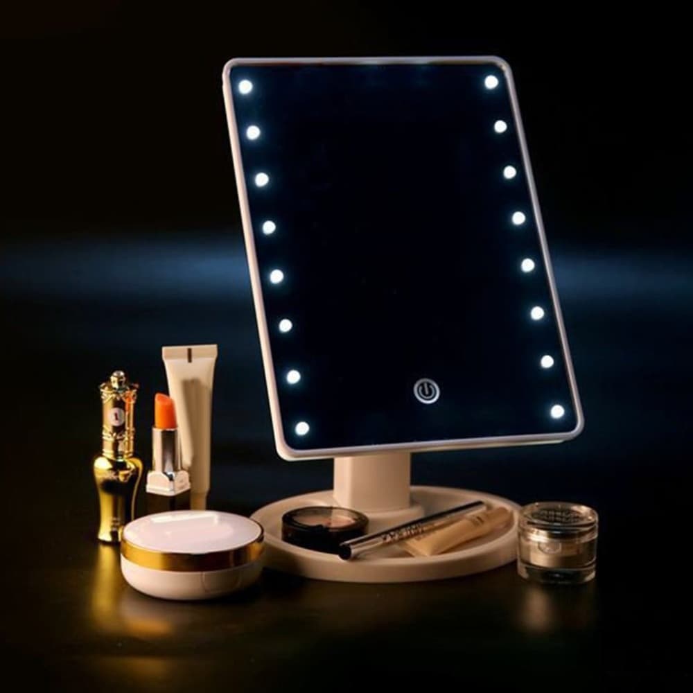 Espelho de maquiagem com led, com luz, armazenamento na mesa, sensor de toque, 360 rotativo, quadrado, maquiagem