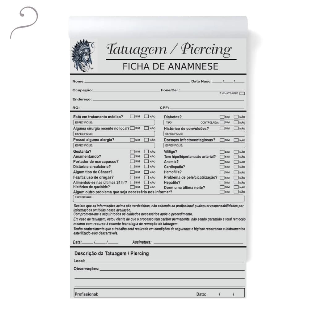 Bloco de Anamnese Ficha Checklist para Studio de Tatuagem e Piercing