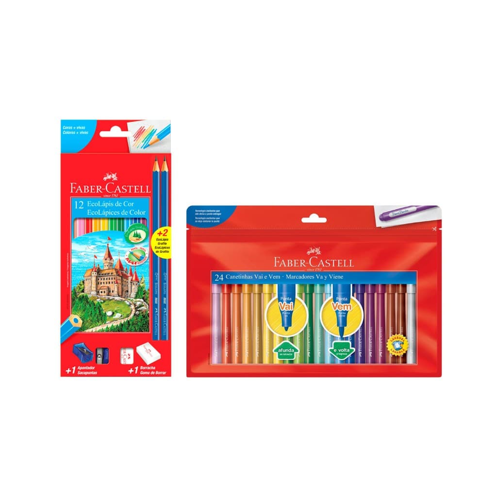 Conjunto Escolar Canetinhas Faber-Castell 24 Cores Ponta Vai e Vem + Lapis de Cor 12 Cores Faber-Castell C/ 1 Apontador