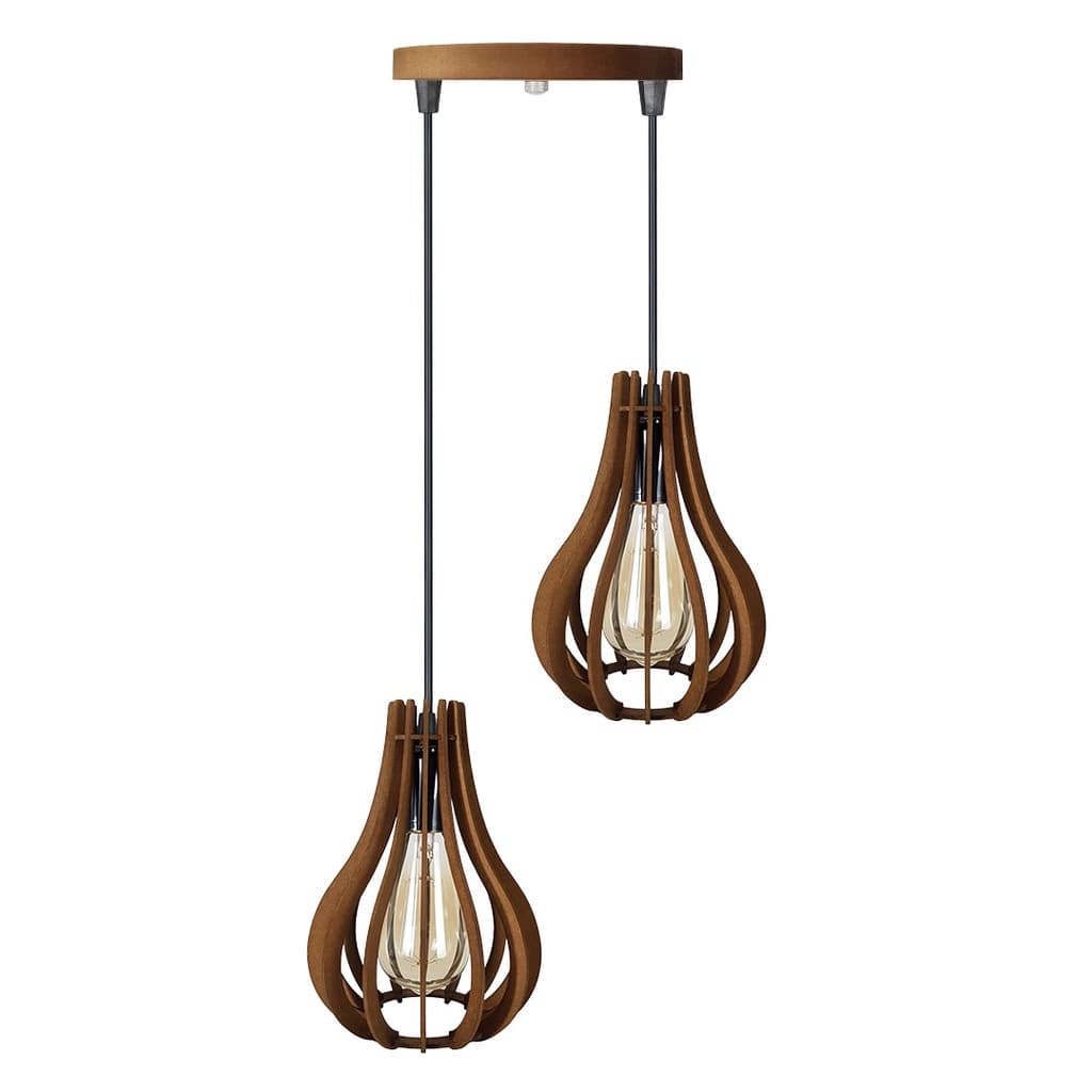 Luminária Lustre Pendente Duplo De Madeira Gotinha