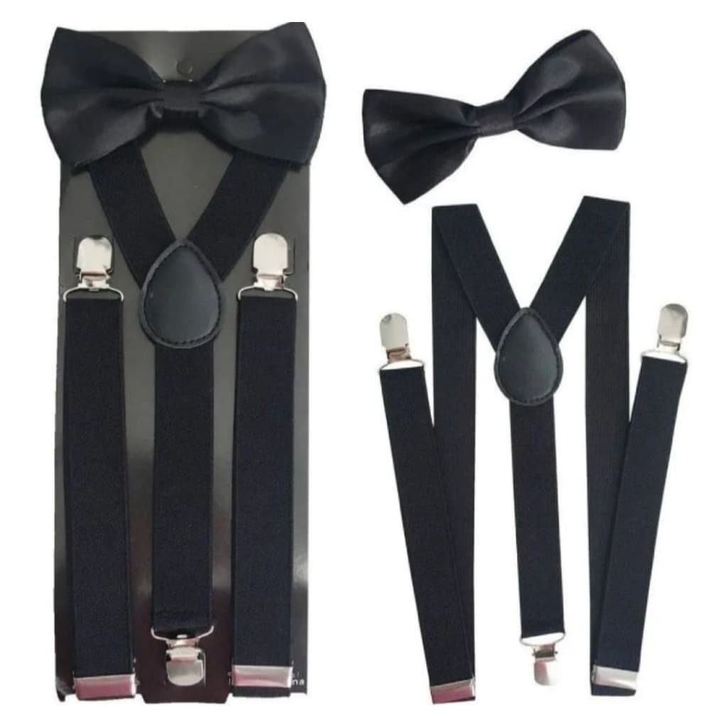 Kit Suspensórios Infantil Adulto Preto Com Gravata Borboleta