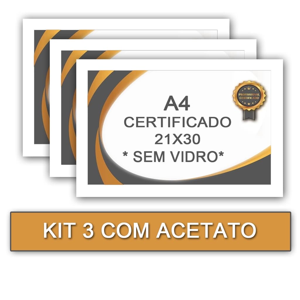 3 Moldura para Quadro Certificado Com Acetato A4 21X30 - BRANCA