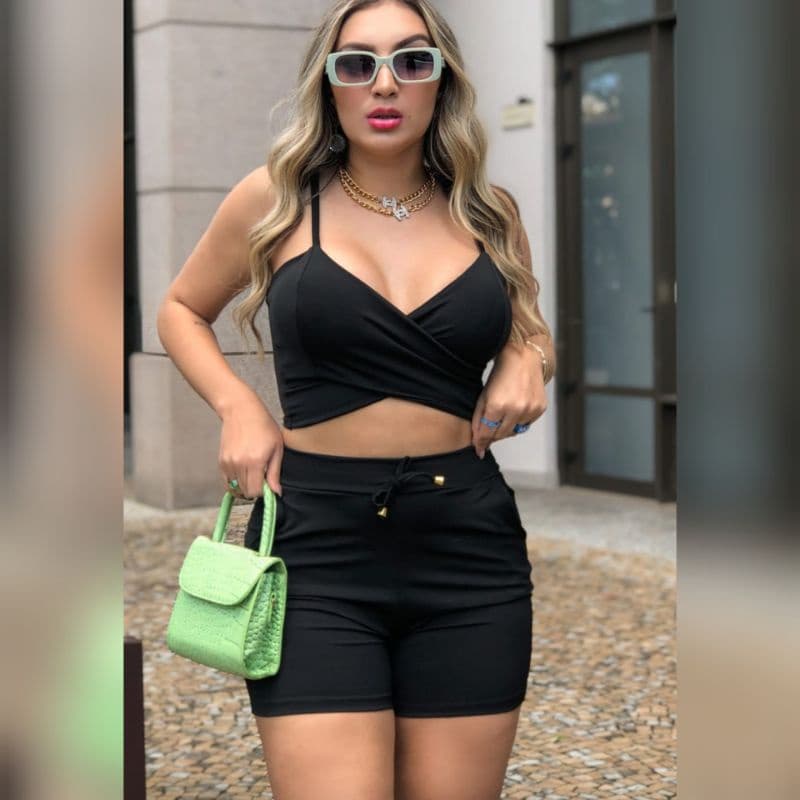 Conjunto Feminino Shorts + Cropped com Bojo Suplex Premium Modelador Cintura Alta)