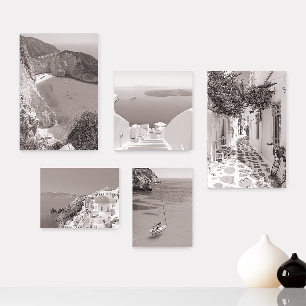 Kit 5 Quadros Decorativos Placas - Grécia Mykonos Santorini Mar Viagem Preto e Branco Mundo Casa Quarto Sala - 353ktpl5