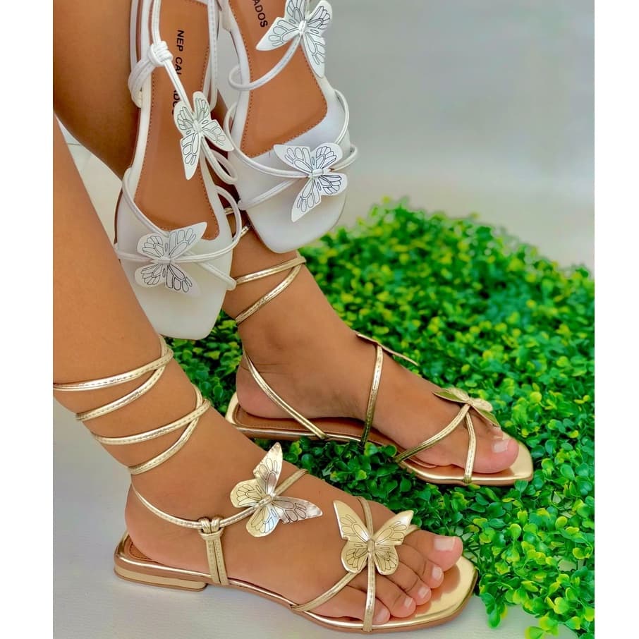 Rasteirinha de laço Opções de amarração - sandália de amarrar na perna - rasteira borboleta - dourado - branco