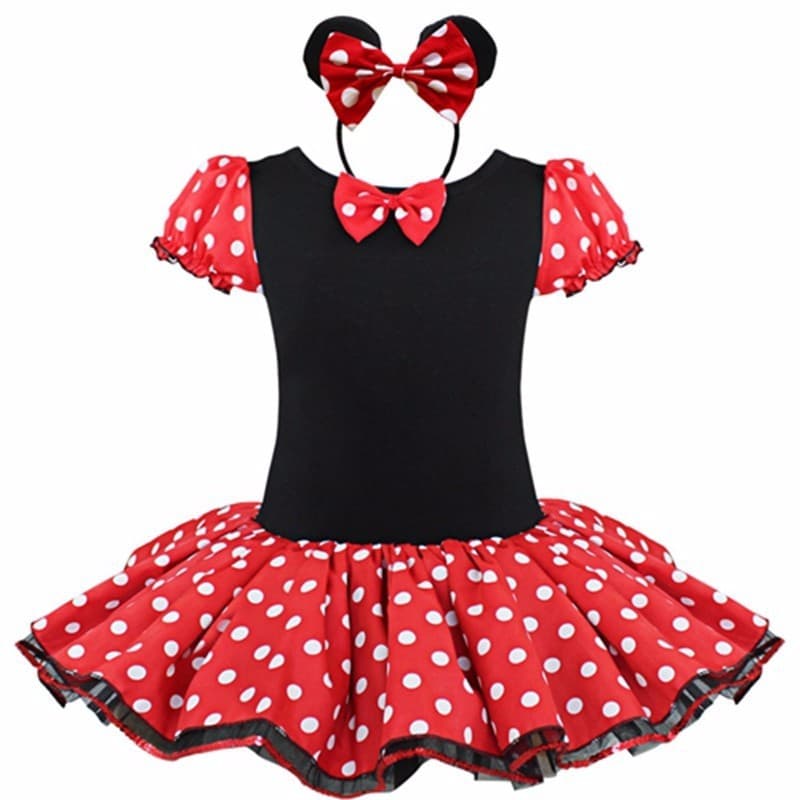 Vestido Fantasia Infantil de Festa da Minnie Rosa e Vermelho com Bolinhas Brancas + Tiara