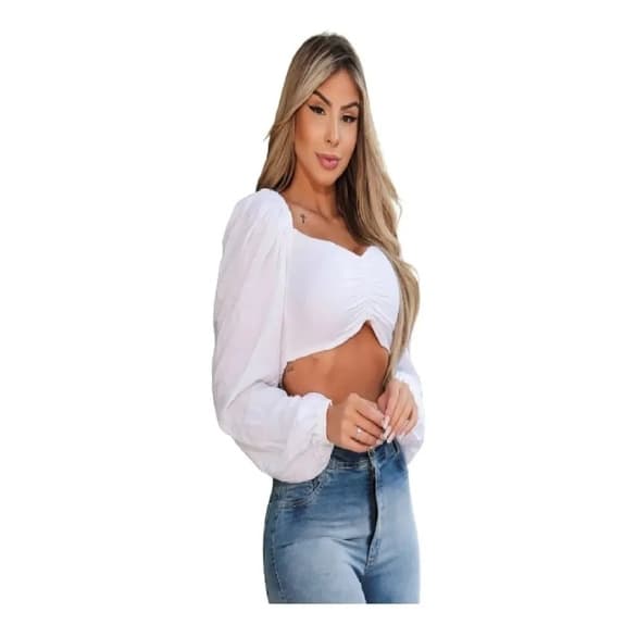 Cropped Manga Longa Decote Corpete Ondulado