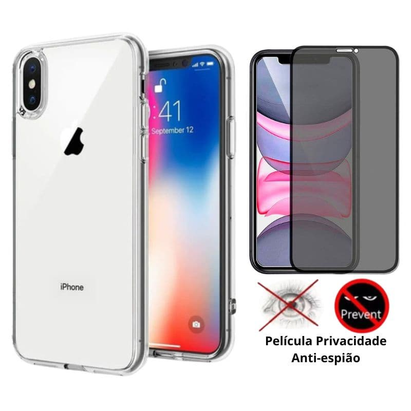Kit 2em1 Compativel Com iPhone X / iPhone XS - Capa Clear Space + Pelicula de Vidro 3D Full Cover Privacidade Anti-Espiao