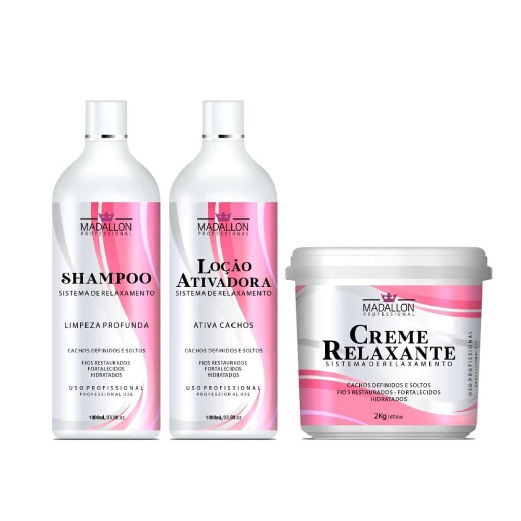 Kit Relaxamento Guanidina 1Shampoo+1Loção Ativadora de Cachos 1L+1Balde de 2kgs Madallon