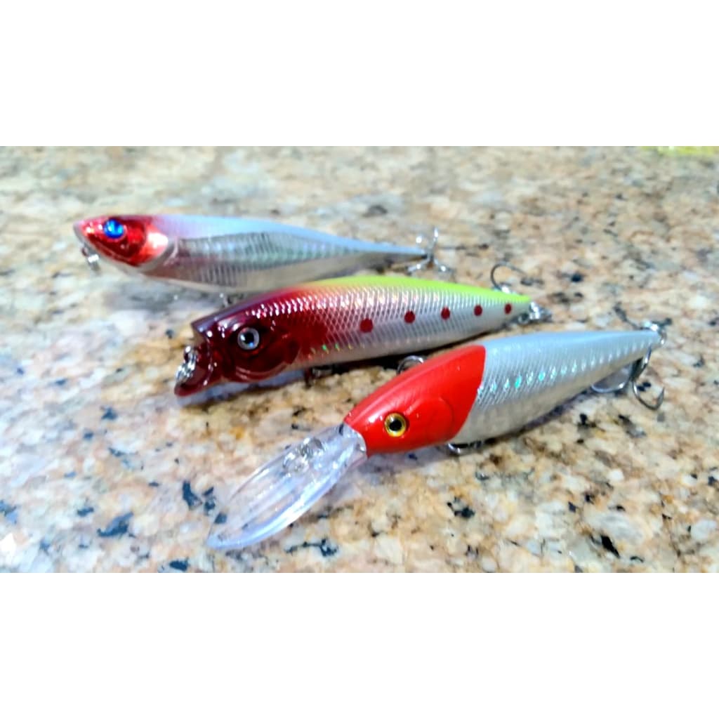 Kit Com Três Iscas artificiais Para pesca, Fundo, Meia Água e Superfície, Tucunaré,Robalo,Traíras