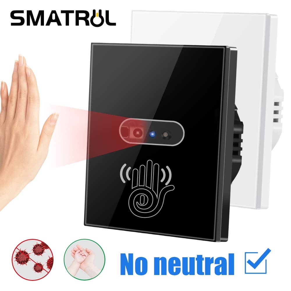 SMATRUL Sem Fio Neutra IR Interruptor De Luz De Parede Sensor Infravermelho De Onda Necessidade De Toque EU UK 220V Painel De Tela De Vidro Elétrico