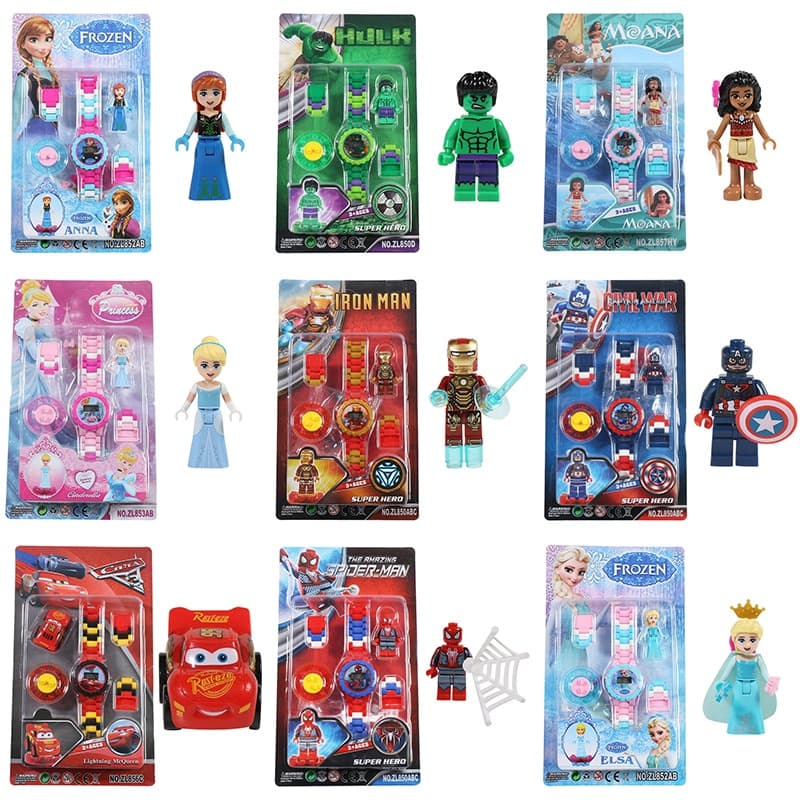 Relógios rotativos da disney, bonecos de anime frozen, princesa moana, homem-aranha, carros, brinquedos, bonecos de desenho animado, brinquedos para crianças