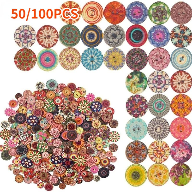 50/100 Pcs Do Vintage Botões De Madeira 2 Buraco Floral Ofício Pintado Decorativos Para Decoração DIY De Costura