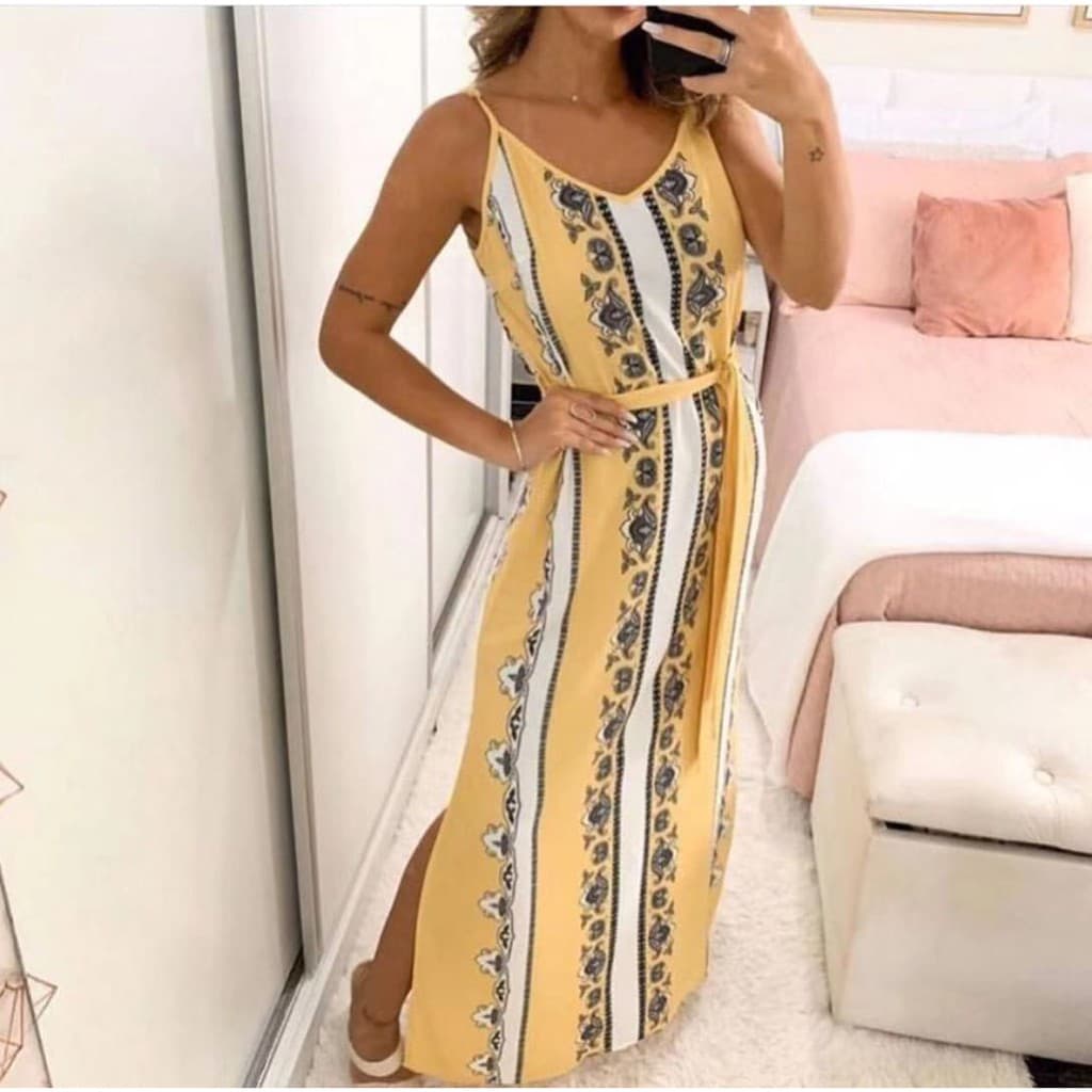 Vestido Longo Sem Manega Estampada Alcinha Feminina