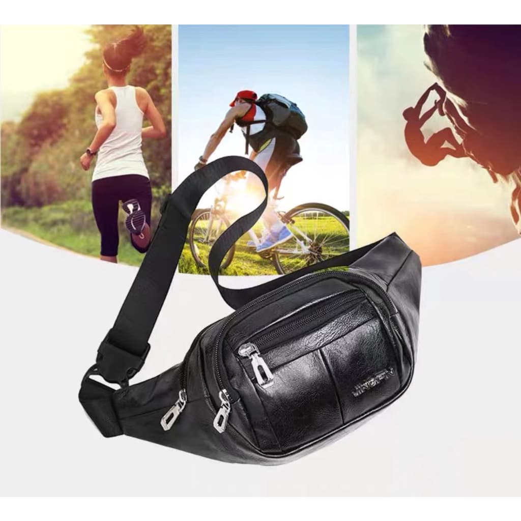 Pochete Dm Couro Masculina Bolsa de Cintura Transversal Com 4 Zíperes