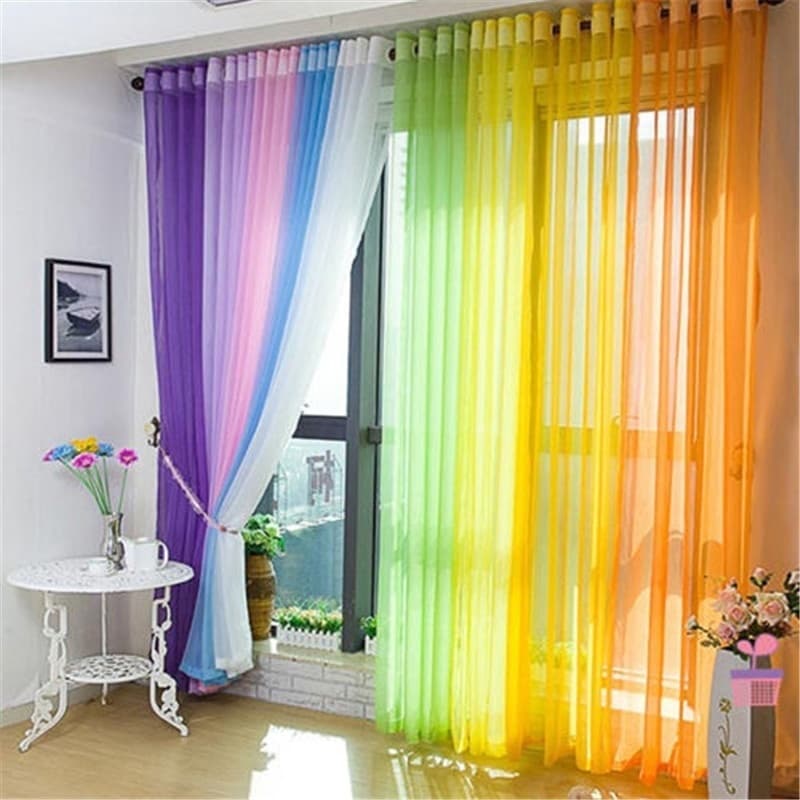 Cortina Véu Da Janela Simples De Tule Floral Pura Painel Sanefa Cores Do Arco-Íris