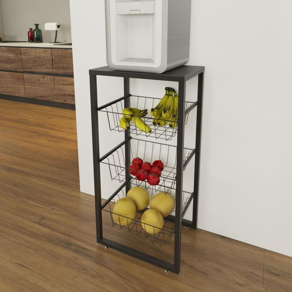 Fruteira De Chão Para Cozinha Preto Fosco Em Aço Mdf Preto
